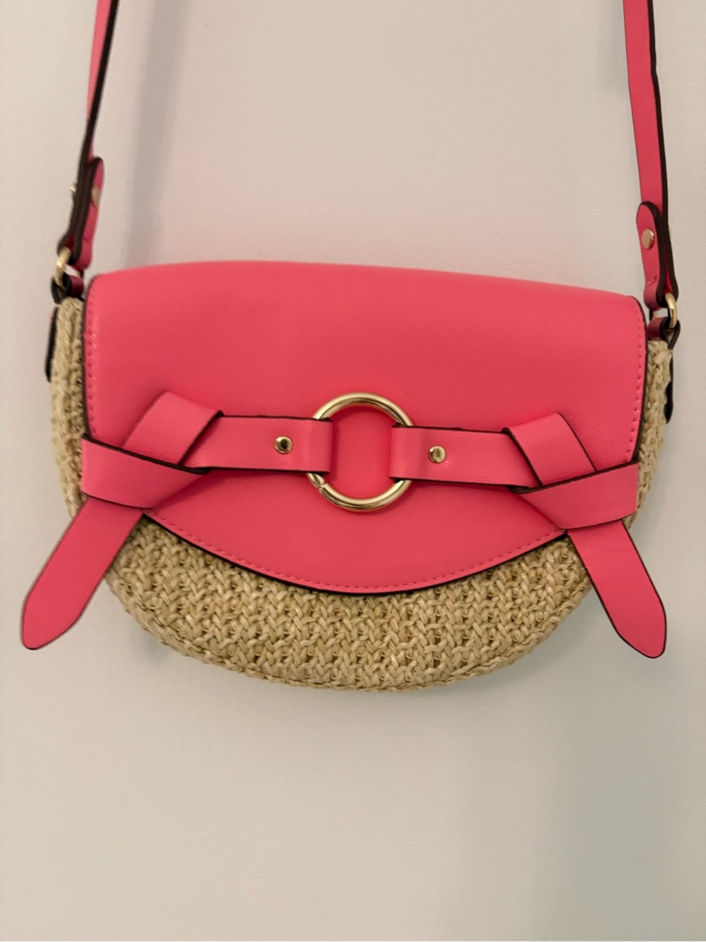 H&M Pink Straw Accent Crossbody Bag with Gold Ring